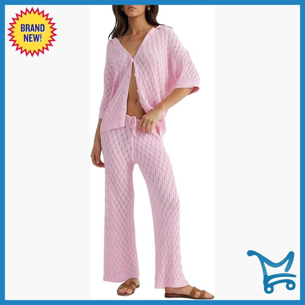 Polyester Lounge Set With Button Top Wide Leg Pan… - image 1